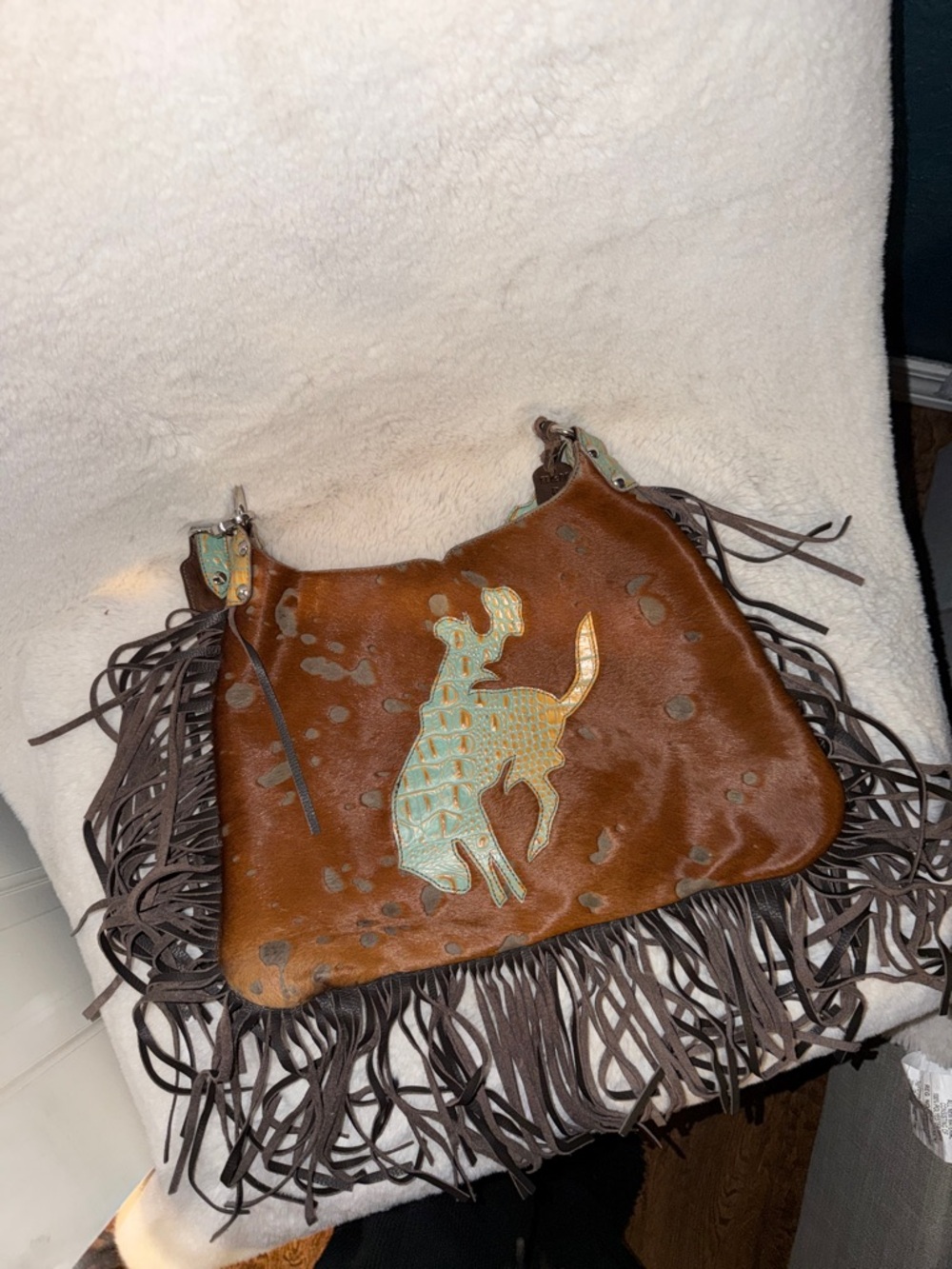Fringe Western-Style Brown Leather Shoulder Bag with Turquoise Croc Horse Accent